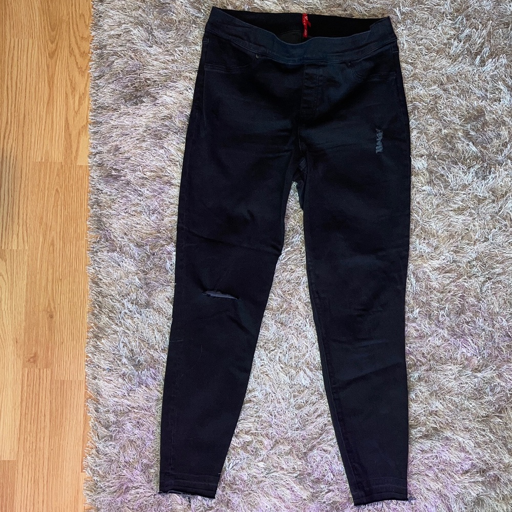 SPANX Black Distressed Skinny Pull On Denim Jeans / Pants Size XL - Picture 2 of 8